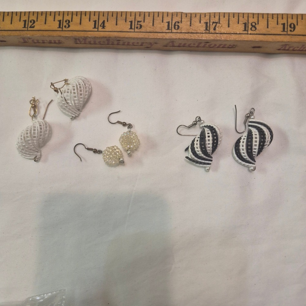 Vintage Plastic Spiral Shell Dangle Earrings Set 3 Pairs White Black Cream Hook